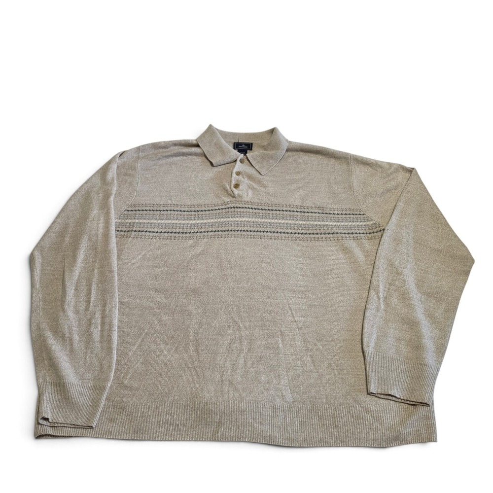 Dockers Striped Long Sleeve Knit Polo Sweater Men's XL Heathered Tan Marl